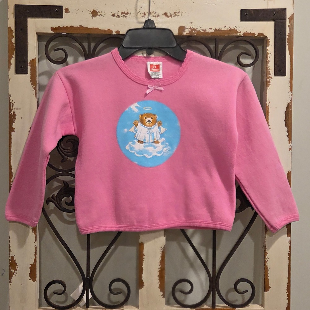 Vintage Hanes Girls Pink Angel Teddy Bear Sweatshirt Y2K Graphic Fleece 5T